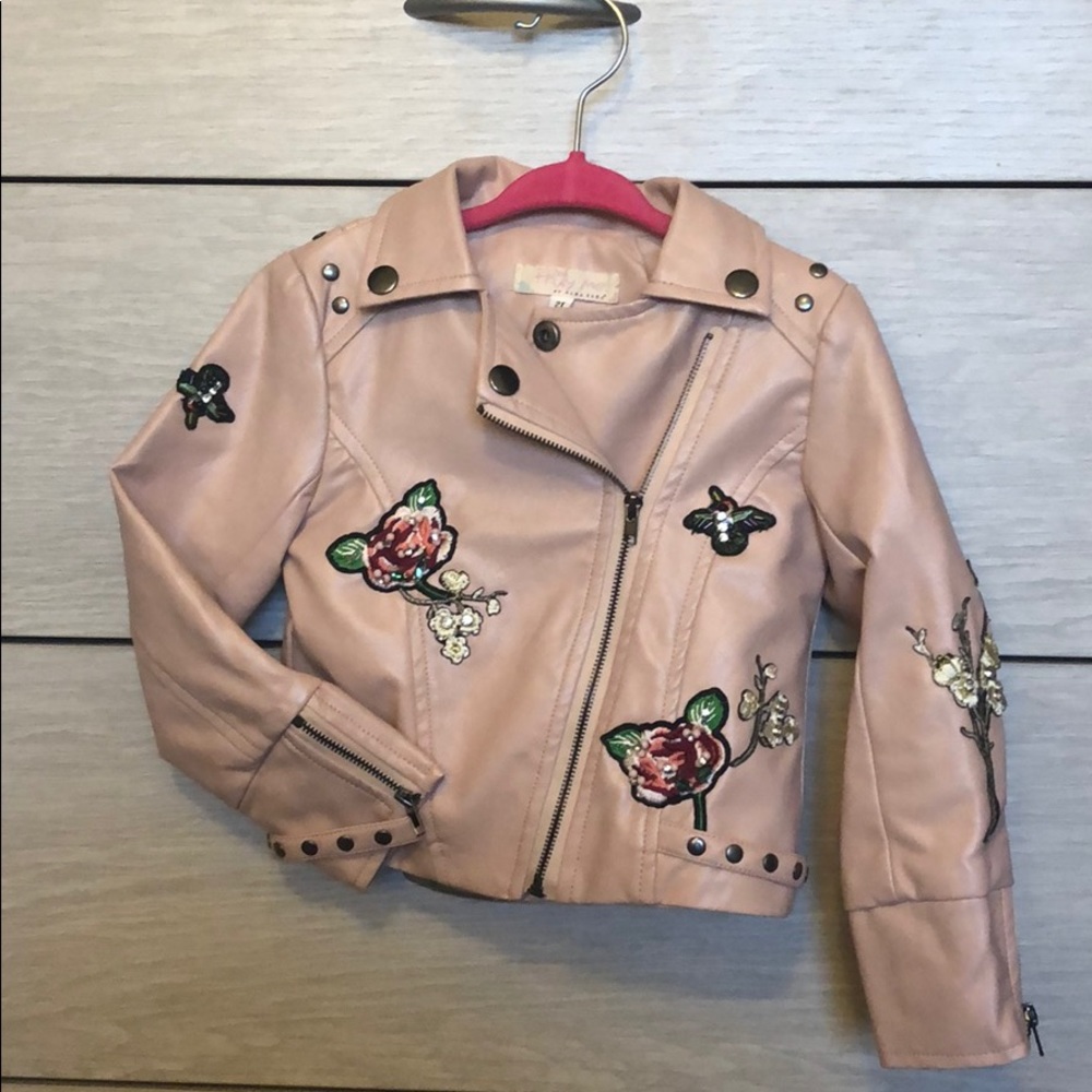 Girls pink faux leather pink biker jacket